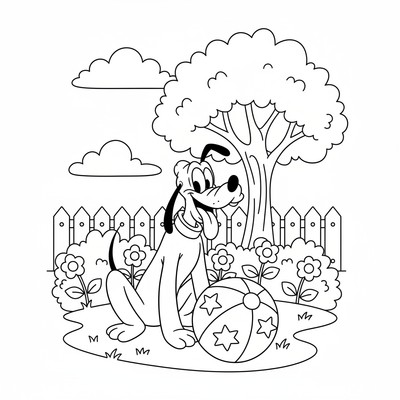 Pluto i trädgård med boll