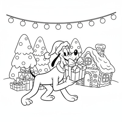 Pluto med julklapp i munnen