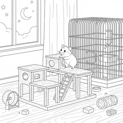 Kvällsscen: hamster på en klätterställning; bur i bakgrunden, måne genom fönster och några leksaker på golvet