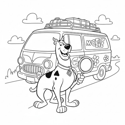 Scooby-Doo framför Mystery Machine-bilen