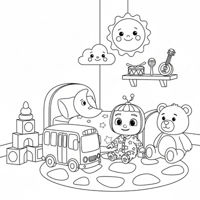 Cocomelon i sovrum med leksaker