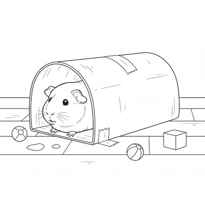 Marsvin som tittar ut ur en kartongtunnel på golvet