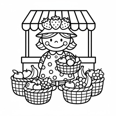 Jordgubbs-Lisa på marknad med fruktkorgar