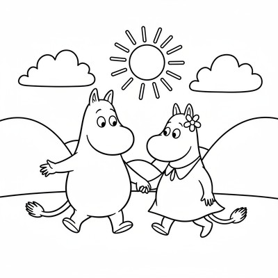 Mumin och Snorkfröken som går hand i hand