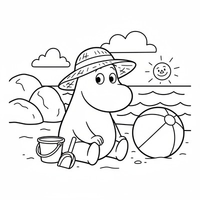 Mumin på stranden med hatt