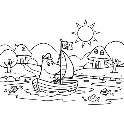 Mumin i båt på floden