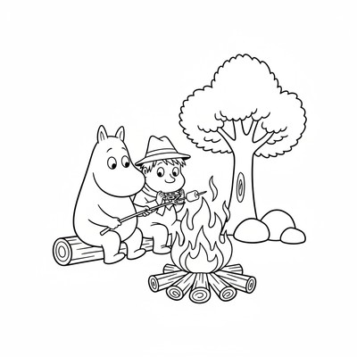 Mumin vid en eld med Snusmumriken