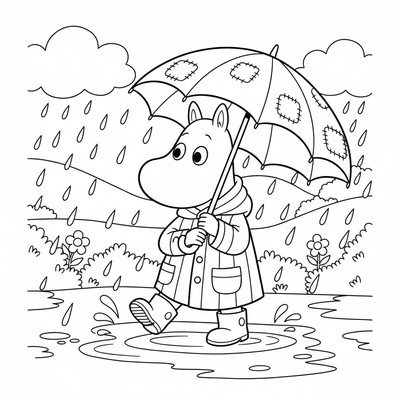 Mumin i regn med paraply