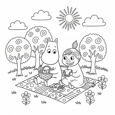 Mumin och Snorkfröken vid picknickfilt