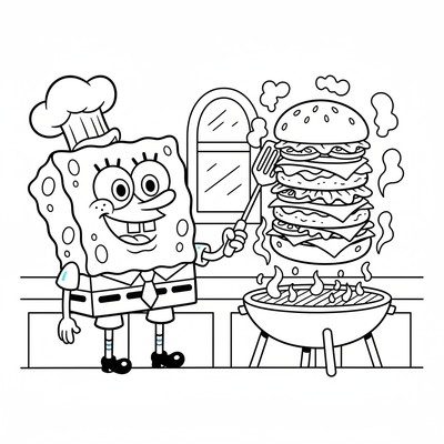 Svampbob med spatel som lagar hamburgare