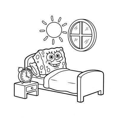 Svampbob i sin säng med väckarklocka
