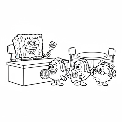 Svampbob i kö med kunder