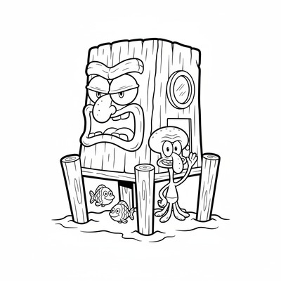 Squidward i sitt hus med pålar