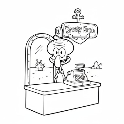 Squidward i Krusty Krab som kassör