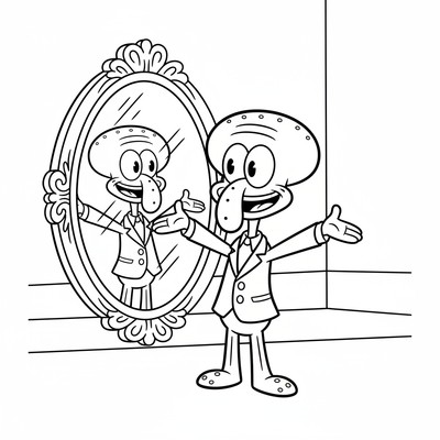 Squidward framför spegel med kostym