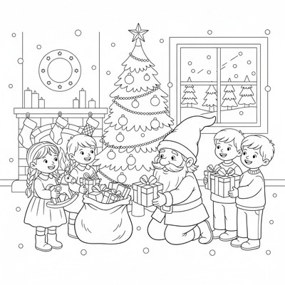 Tomte som delar ut julklappar till barn