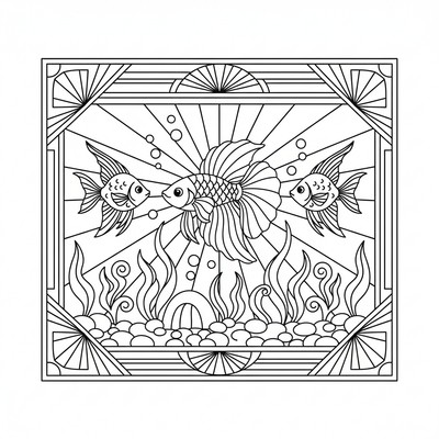 “Art deco”-inspirerat akvarium: betta som mittpunkt med symmetriska vågornament, två skalarer på sidorna, bakgrund med solstrålemönster, grus, växter, liten grotta och ornamenterad ram