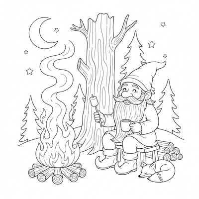 Tomte som sitter vid en brasa