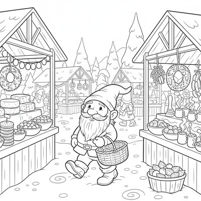 Tomte på marknad bland stånd med julmat