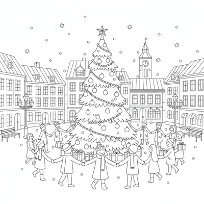 Julgran på torg med folk runtom