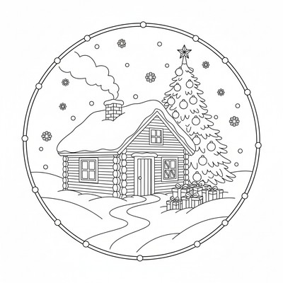 Julgran framför en stuga i snö