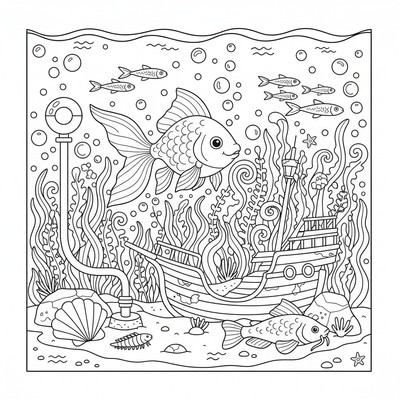 Akvarium-scen i “doodle”-stil: olika arter (guldfisk, neon, mal), sjögräs, vrak, luftsten, filterrör, snäcka och märla; massor av små bubblor och enkla ikonmönster
