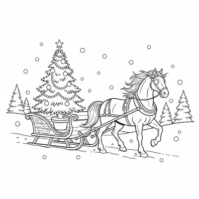Julgran på släde dragen av häst