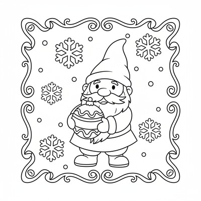 Tomte på julkort med snöflingor