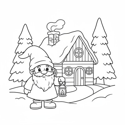 Tomte framför en stuga i snön