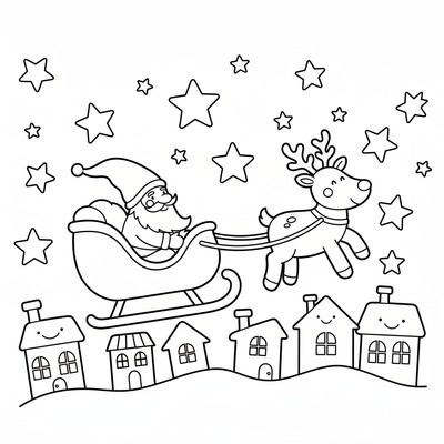 Tomte som kör släde över stad med stjärnor