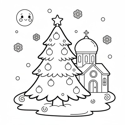 Julgran framför kyrka i vinternatt
