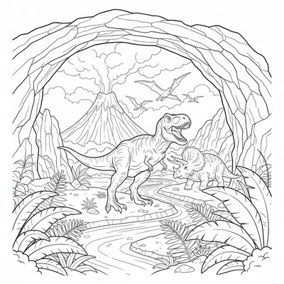 Förhistorisk scen: T-rex i centrum, triceratops och pterosaurier i bakgrunden; vulkanrök, flod, ormbunkar och stenbåge
