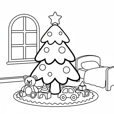 Julgran i barnrum med leksaker