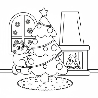 Julgran i stuga med katt som klättrar