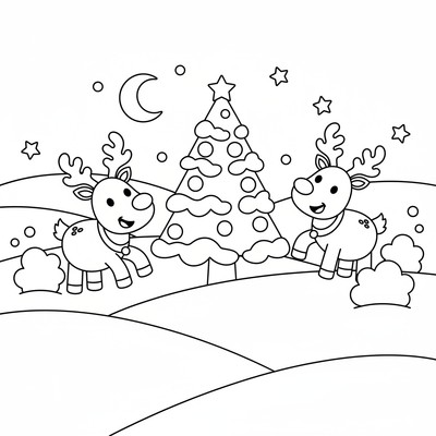 Julgran i vinterlandskap med renar