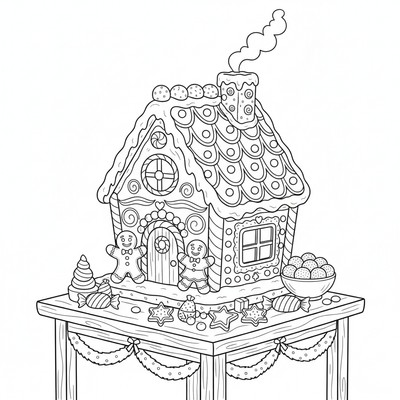 Pepparkakshus på bord med julgodis