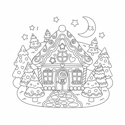 Pepparkakshus med granar runtom