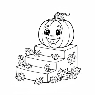 Pumpa på trappa med löv runtom