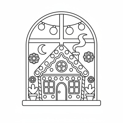 Pepparkakshus vid fönster med ljus