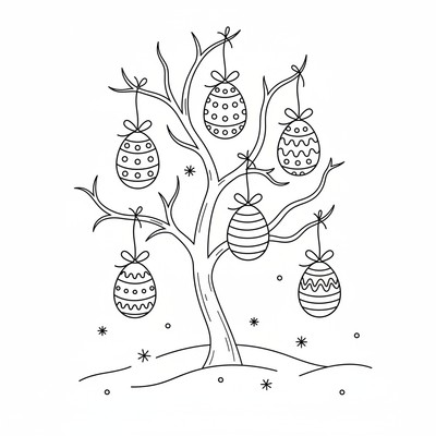 Påskägg i snöre som hänger i träd