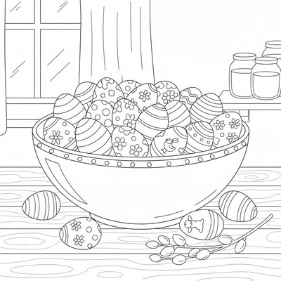 Påskägg i stor skål på bord