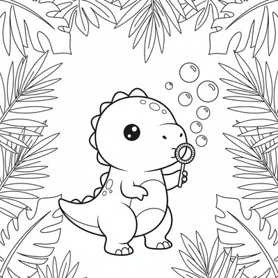 Kawaii T-rex som blåser såpbubblor bland palmblad