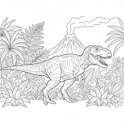 T-rex går genom djungel med ormbunkar och en avlägsen vulkan