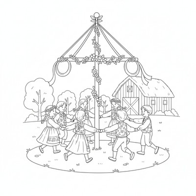 Barn som dansar runt midsommarstång