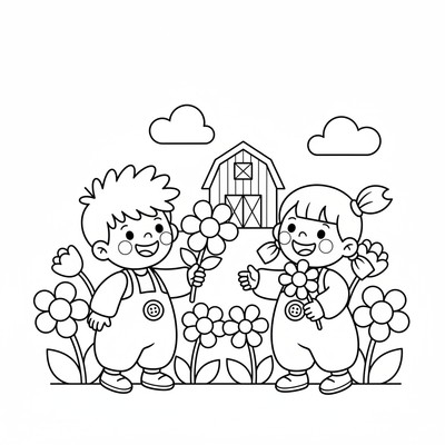 Barn som ger varandra blommor