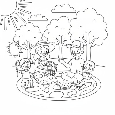 Familj på picknick i sommarkläder