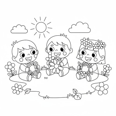 Barn som gör kransar av blommor