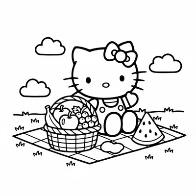 Hello Kitty på picknickfilt med frukt