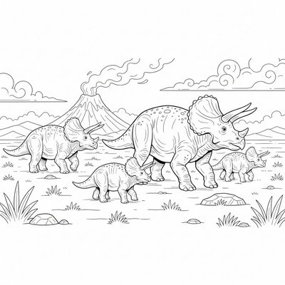 Triceratops flock på slätt med avlägsen vulkan och moln