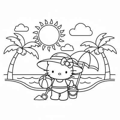 Hello Kitty på stranden med hatt